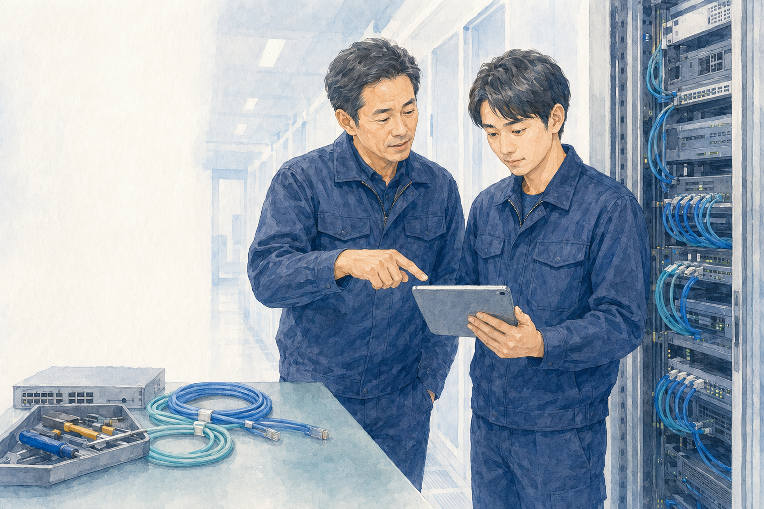 経験者が新しいメンバーに設備の確認方法を伝えるイラスト